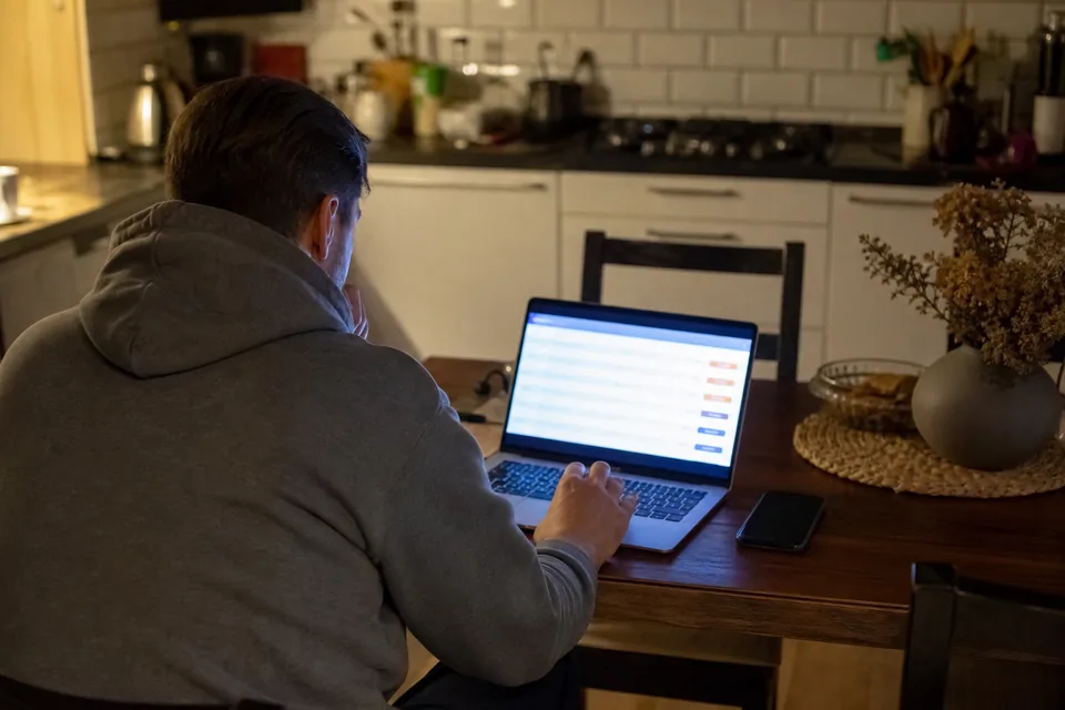Investor checking an expiring domain auction on a laptop in the evening