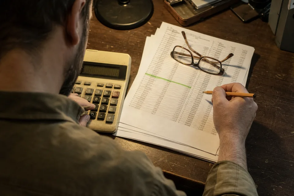 Old desk calculator next to printed comparable sales with one row highlighted
