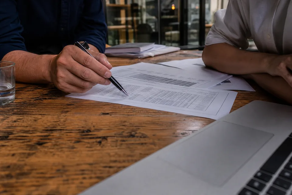 Founder and finance lead discussing a domain purchase at a table