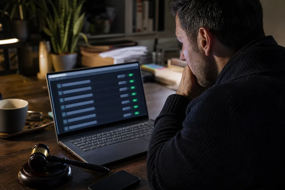 Domain investor at a dark desk with an auction gavel beside a laptop showing a list of auction lots