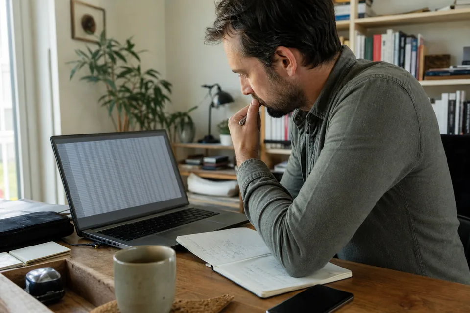 Domain investor at a desk reviewing a table of recorded domain sales on a laptop