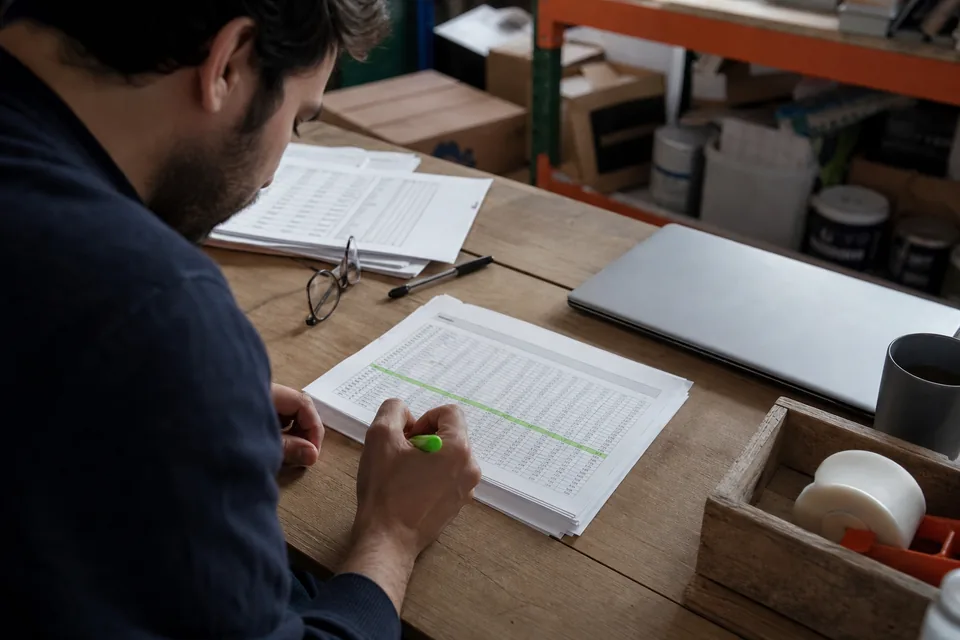 Printed tables of comparable sales spread on a desk next to a laptop