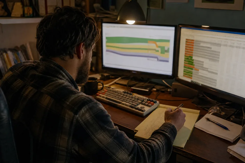 Domain investor's desk at night with two monitors showing different valuation results side by side and a handwritten shortlist of names